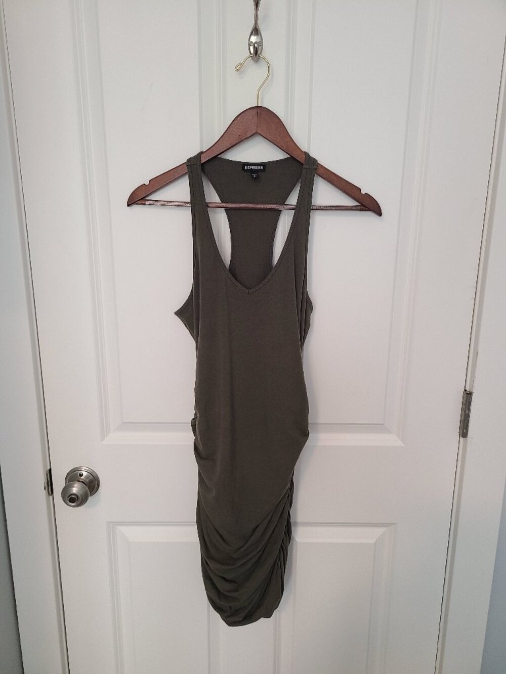 Express olive green racerback ruched dress